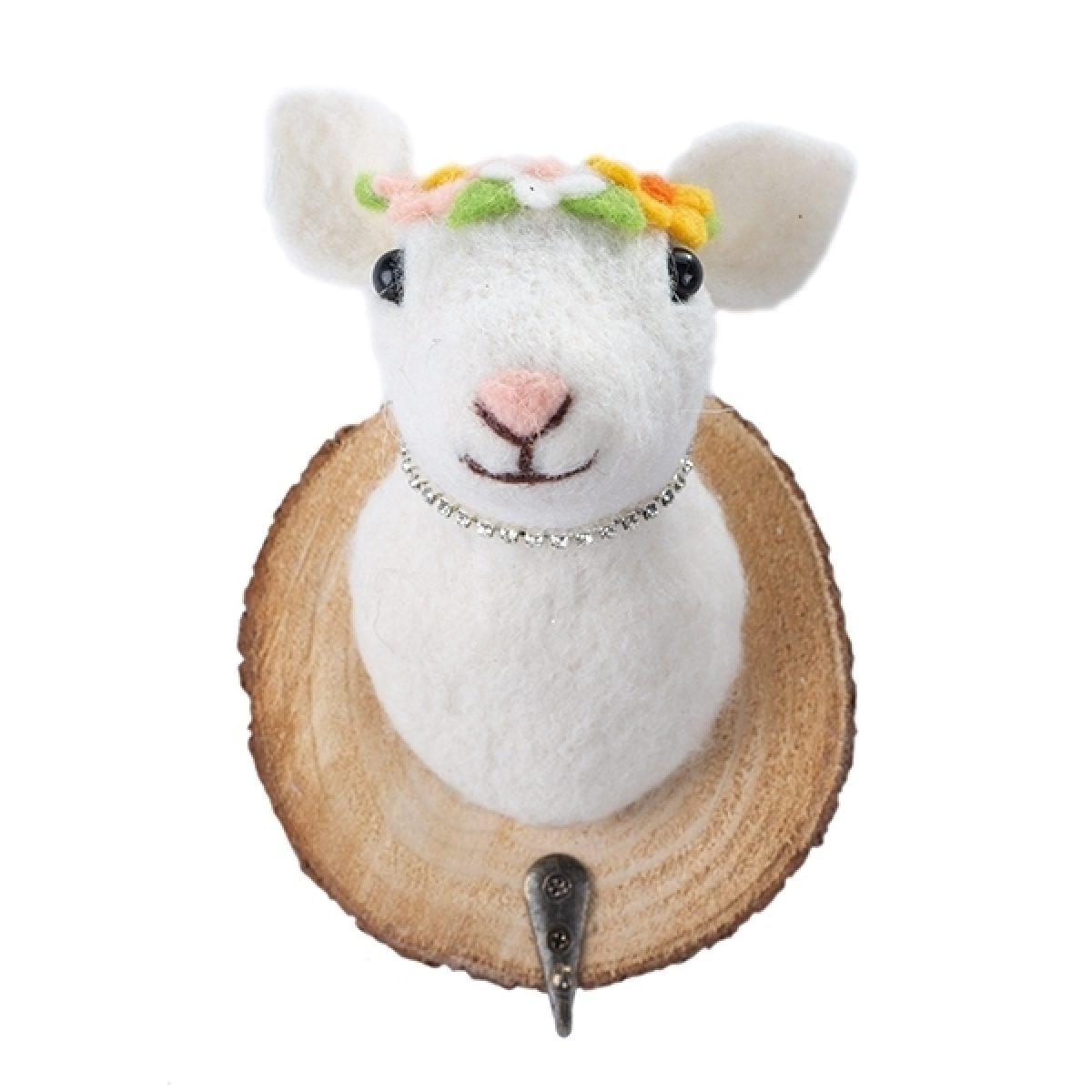 Filzkopf-Haken Schaf mit Blumenkranz